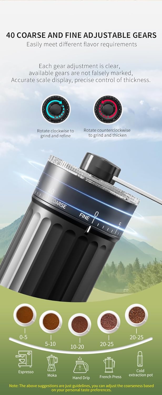 Externer, verstellbarer manueller Kaffeemühle mit hochpräzisem, zeitgemäßem Kegelmahlwerk aus Keramik, 40 - stufige Einstellung, geeignet für Aeropress, Pour Over und Moka - Kannen. - kochskasan24.de