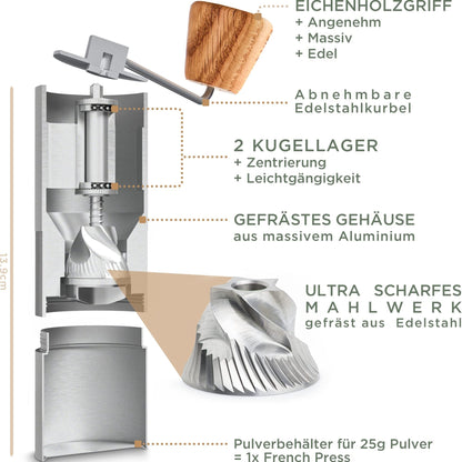 WALDWERK Kaffeemühle - Manuell Mit Präzisem Edelstahlmahlwerk - Kegelmahlwerk Mit Holzgriff - Plastikfreie Espressomühle - kochskasan24.de